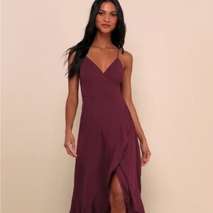 Lulu's Wine Spaghetti-Strap Wrap Maxi Dress